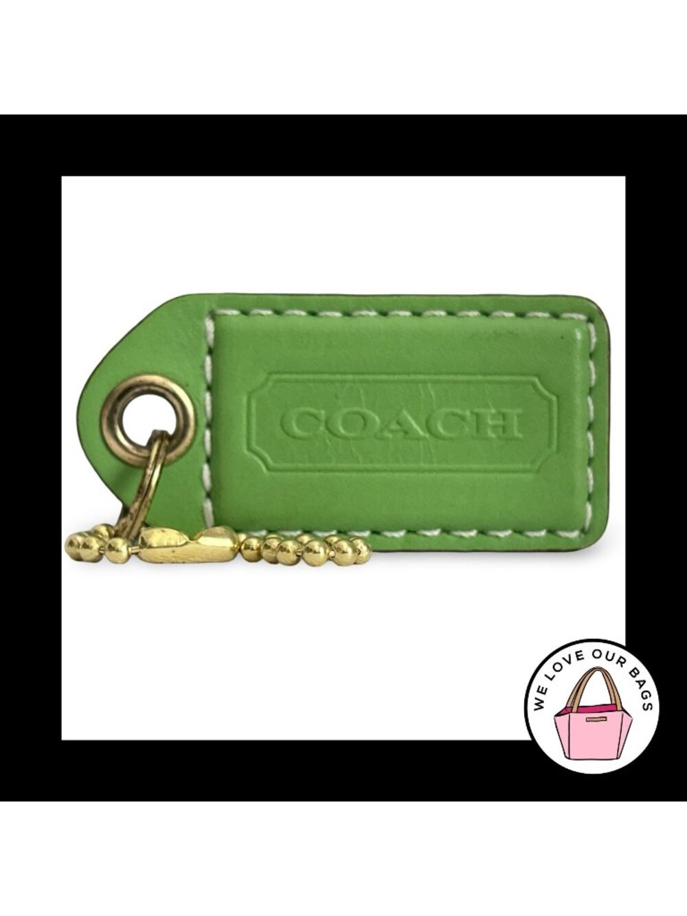COACH Y2K VINTAGE Hang Tag 2.5" Green Leather Bag Charm Keychain Fob Brass Large